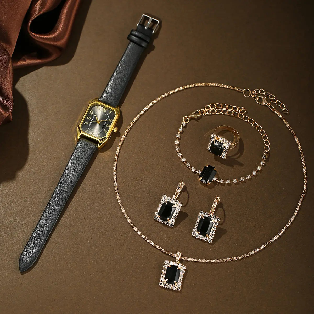 Leather Women’s Watch Square Quartz Watch Korean Necklace Earrings Ring Set