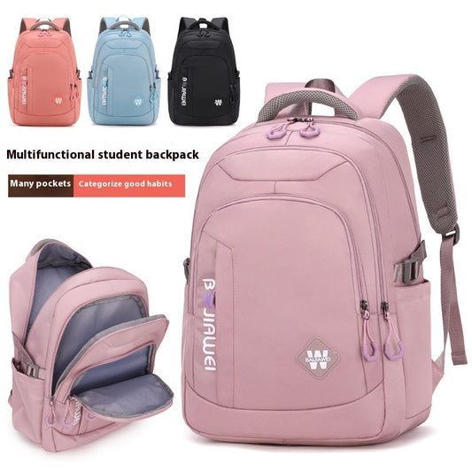 Large capacity waterproof backpack for girls in pink, blue, and black; urban simplicity style with curved shoulder straps.