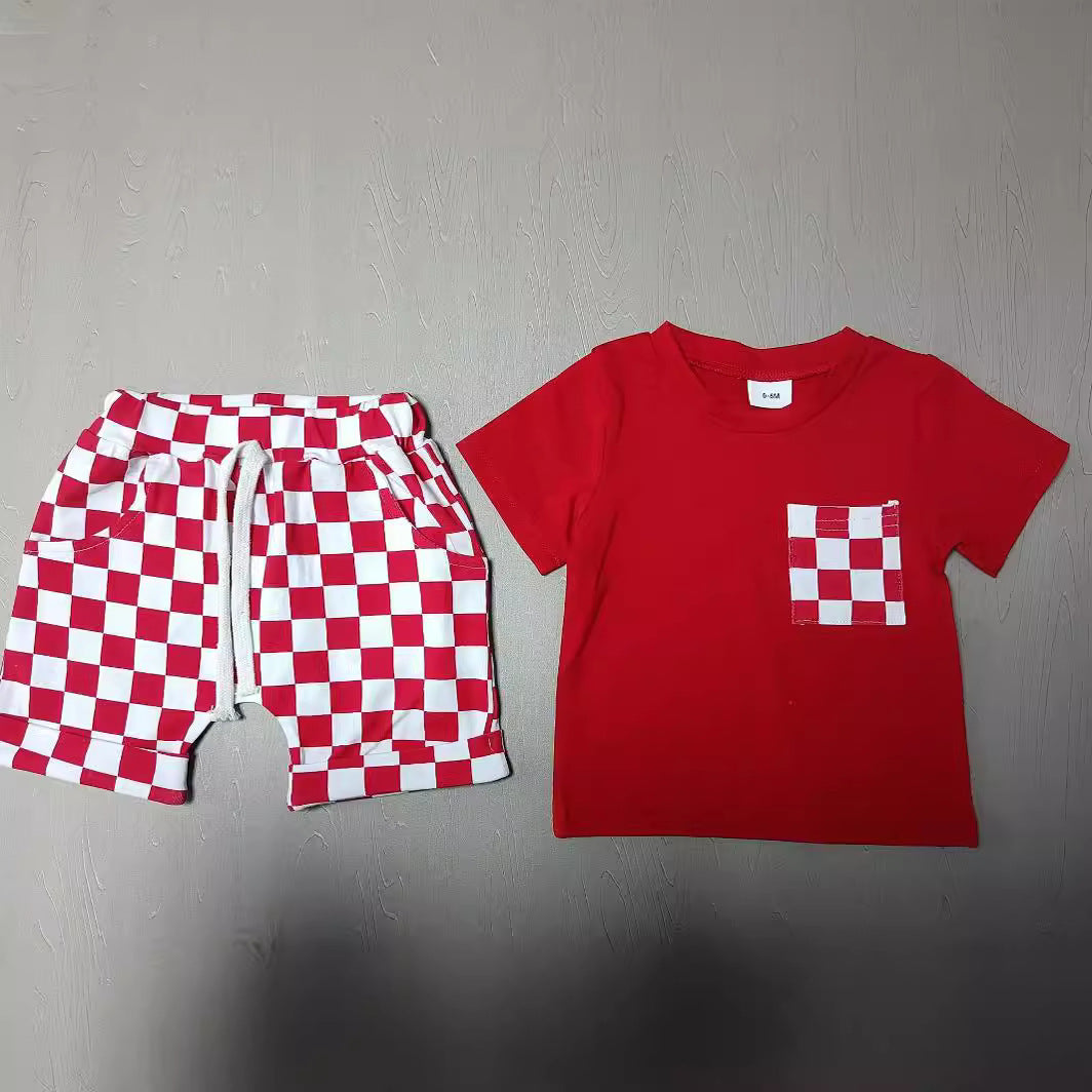 Baby's Casual Short-sleeved Plaid Shorts Suit