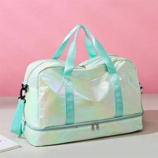 Large polyester travel bag with detachable strap and dual handles in iridescent finish