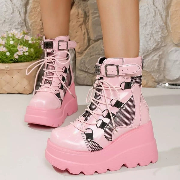 Pink lace up round toe wedge boots with mesh and PU leather details