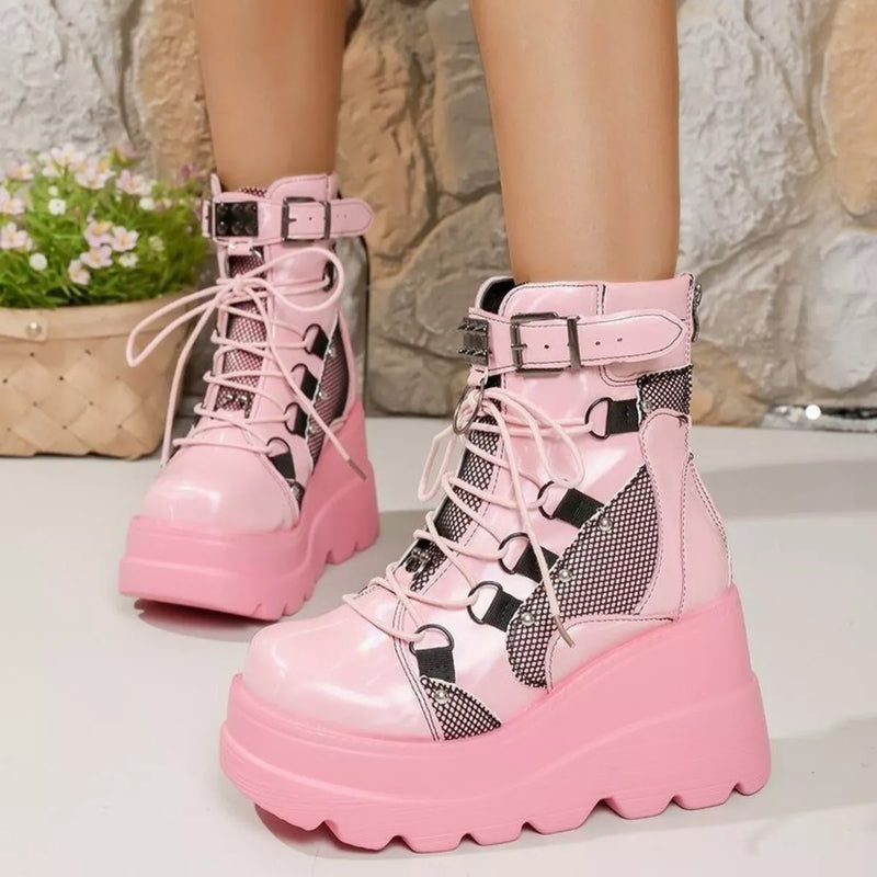 Pink lace up round toe wedge boots with mesh and PU leather details