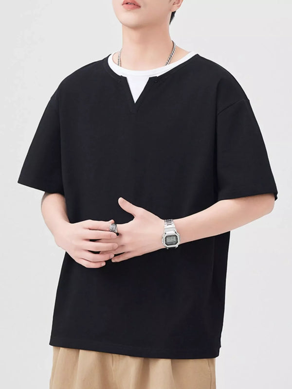 Men's plus size oversized black round neck short sleeve T-shirt cotton polyester blend