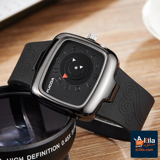 Creative women's watch in black design with silicone strap and unique dial.