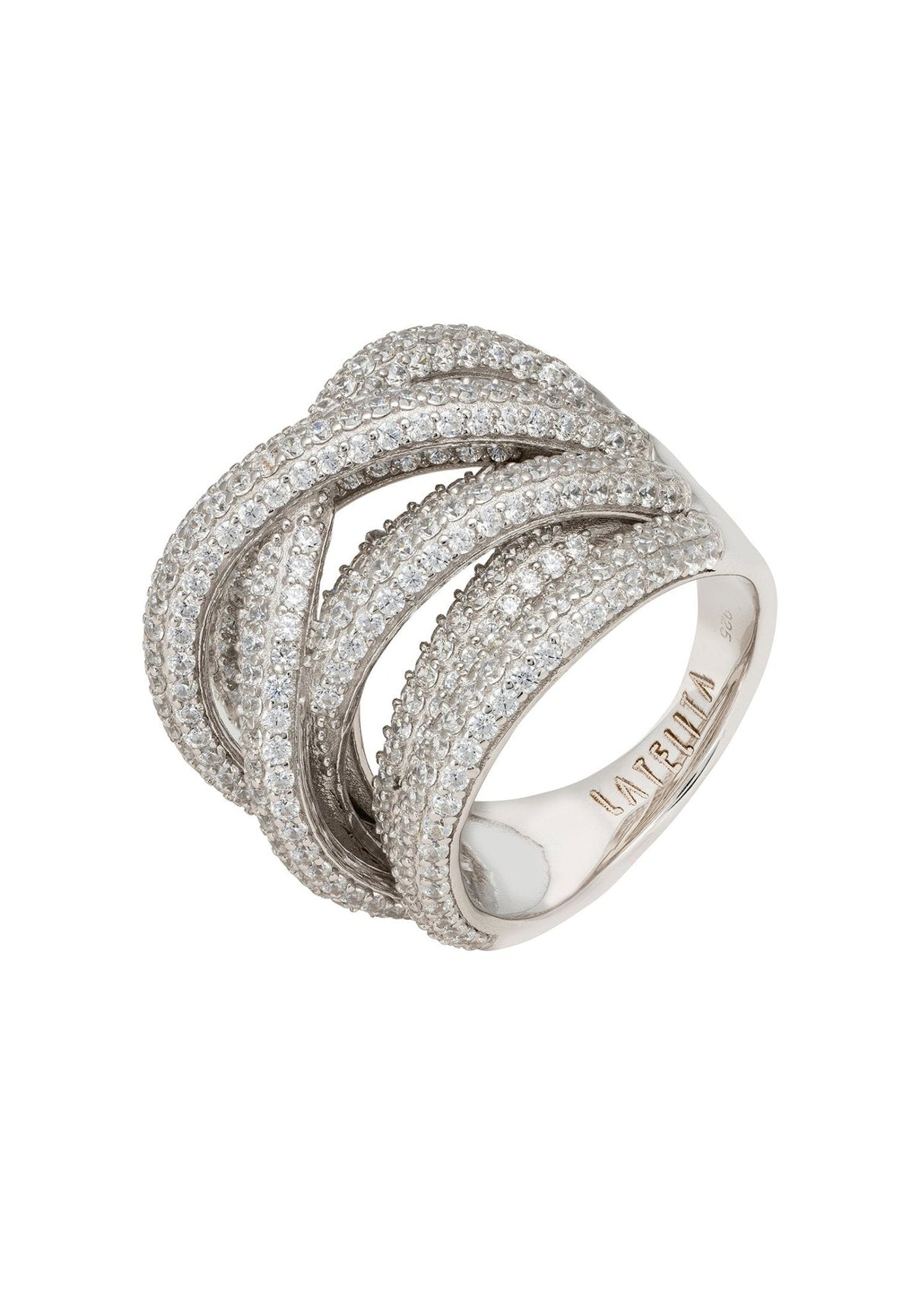 Crossover Multi-Strand Cocktail Ring in sterling silver with cubic zirconia strands and intricate woven design