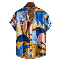 Men's bamboo and linen shirt with a vibrant abstract pattern, available in various sizes.