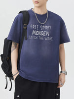 Men's plus size letter print round neck short sleeve t-shirt in navy blue with casual fit