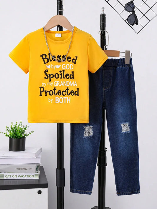 Children's round neck yellow letter graphic t-shirt with distressed blue jeans set