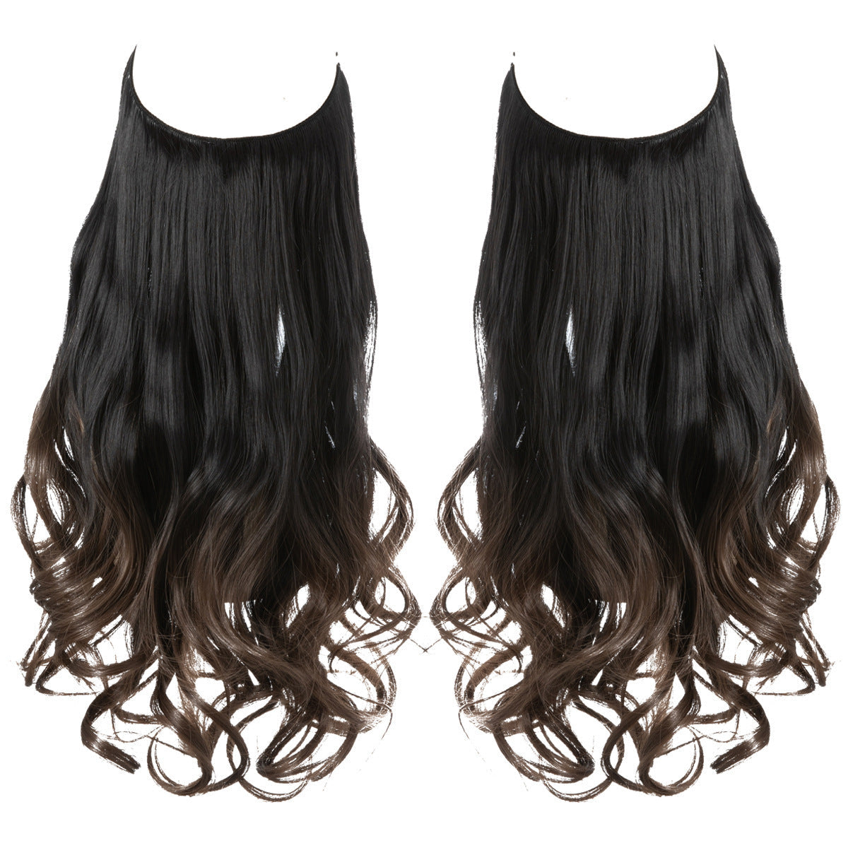 Long curly hair wig extension in matte high temperature synthetic fiber.