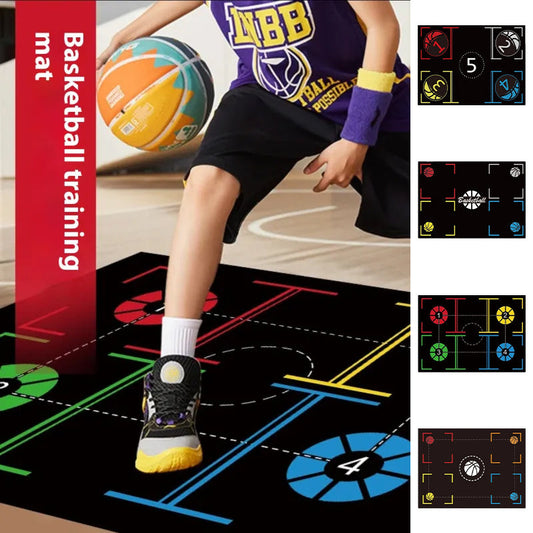 Basketball training mat for footwork and dribbling drills, durable rubber material, multiple color styles, indoor use.