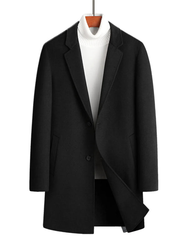 Men's plus size button up long sleeve thick wool blend coat in black