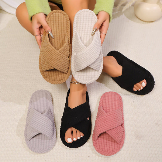Women’s plush indoor outdoor slippers in khaki, milky white, black, brick red, and light gray.