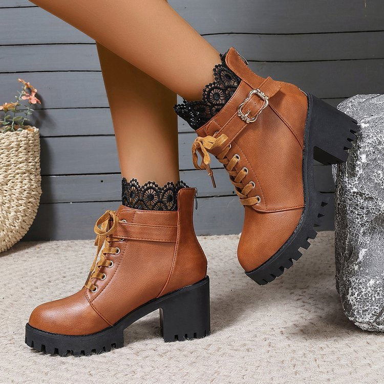 Fall and winter fashion Korean style plus size short boots for women in brown, featuring artificial PU upper and rubber sole with hollow-out design.