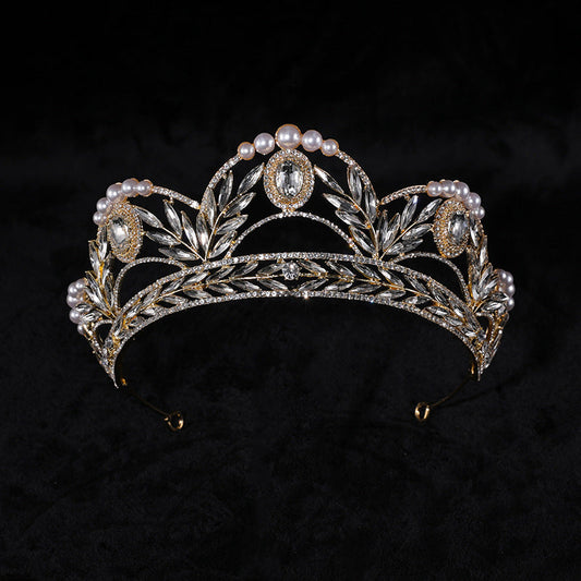 Alloy electroplate crown with intricate design, featuring imitation gold finish and decorative pearls, ideal for fashion-forward women.