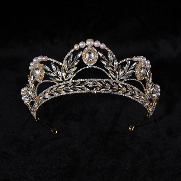 Alloy electroplate crown with intricate design, featuring imitation gold finish and decorative pearls, ideal for fashion-forward women.