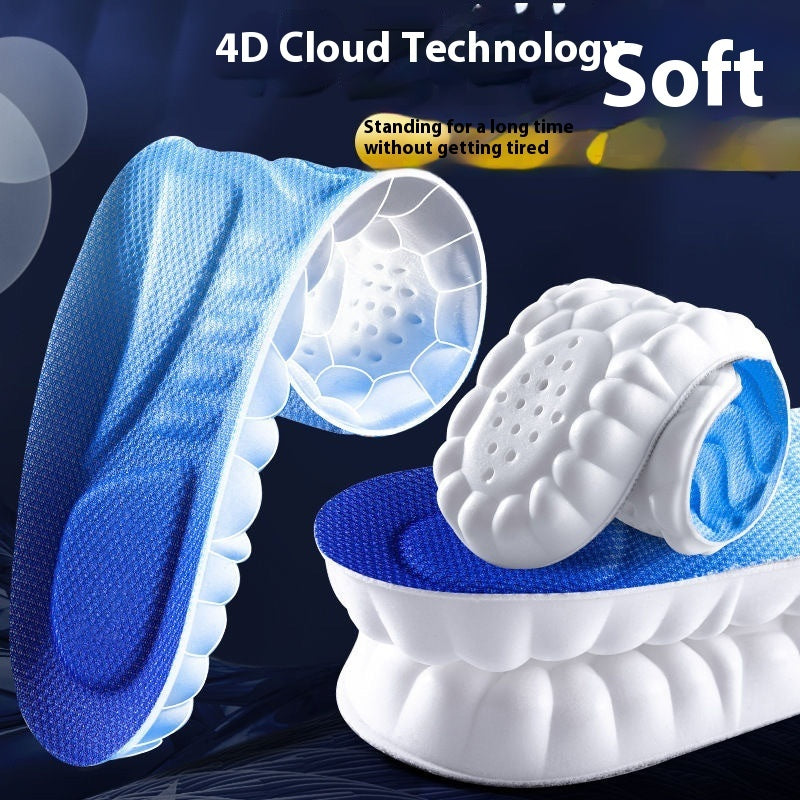 4D shock absorption sports insole with blue and white design, showcasing lightweight comfort and cushioning technology.