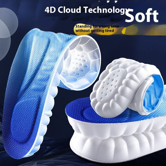 4D shock absorption sports insole with blue and white design, showcasing lightweight comfort and cushioning technology.