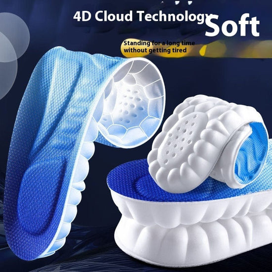 4D shock absorption sports insole with blue and white design, showcasing lightweight comfort and cushioning technology.