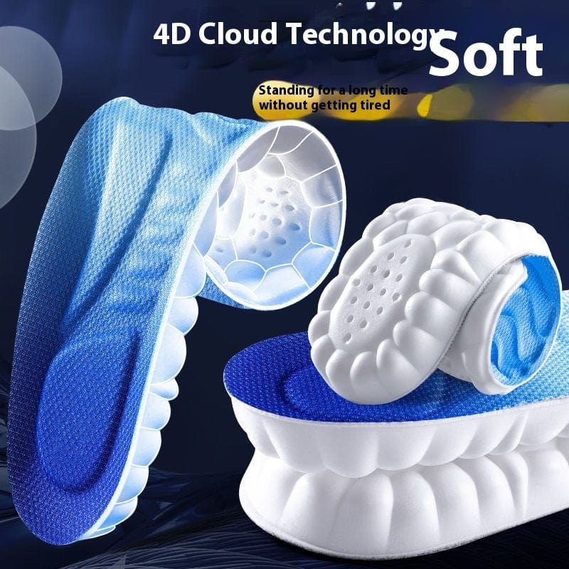 4D shock absorption sports insole with blue and white design, showcasing lightweight comfort and cushioning technology.