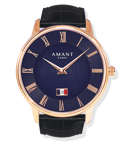 Paris elegant wristwatch with rose gold case, black Italian calfskin strap, sapphire glass, and date display