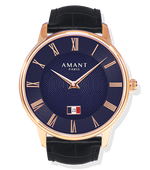 Paris elegant wristwatch with rose gold case, black Italian calfskin strap, sapphire glass, and date display