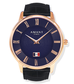 Paris elegant wristwatch with rose gold case, black Italian calfskin strap, sapphire glass, and date display