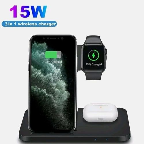 Ninja Dragons 3 in 1 Wireless Charger 15W fast charging for phone, Apple Watch, and AirPods on black foldable station
