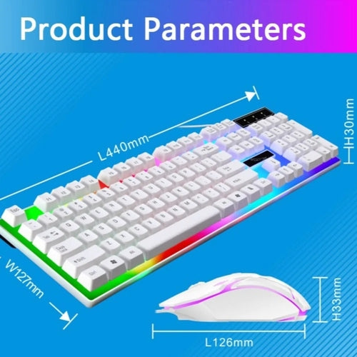 White Ninja Dragons White Knight wired gaming keyboard and mouse set with LED backlight and ergonomic design.