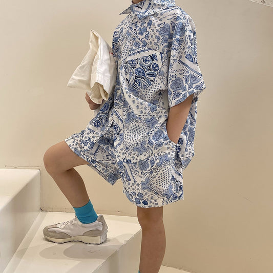 Printed Shirt Boys Vacation Style Chiffon Shirt Shorts Suit