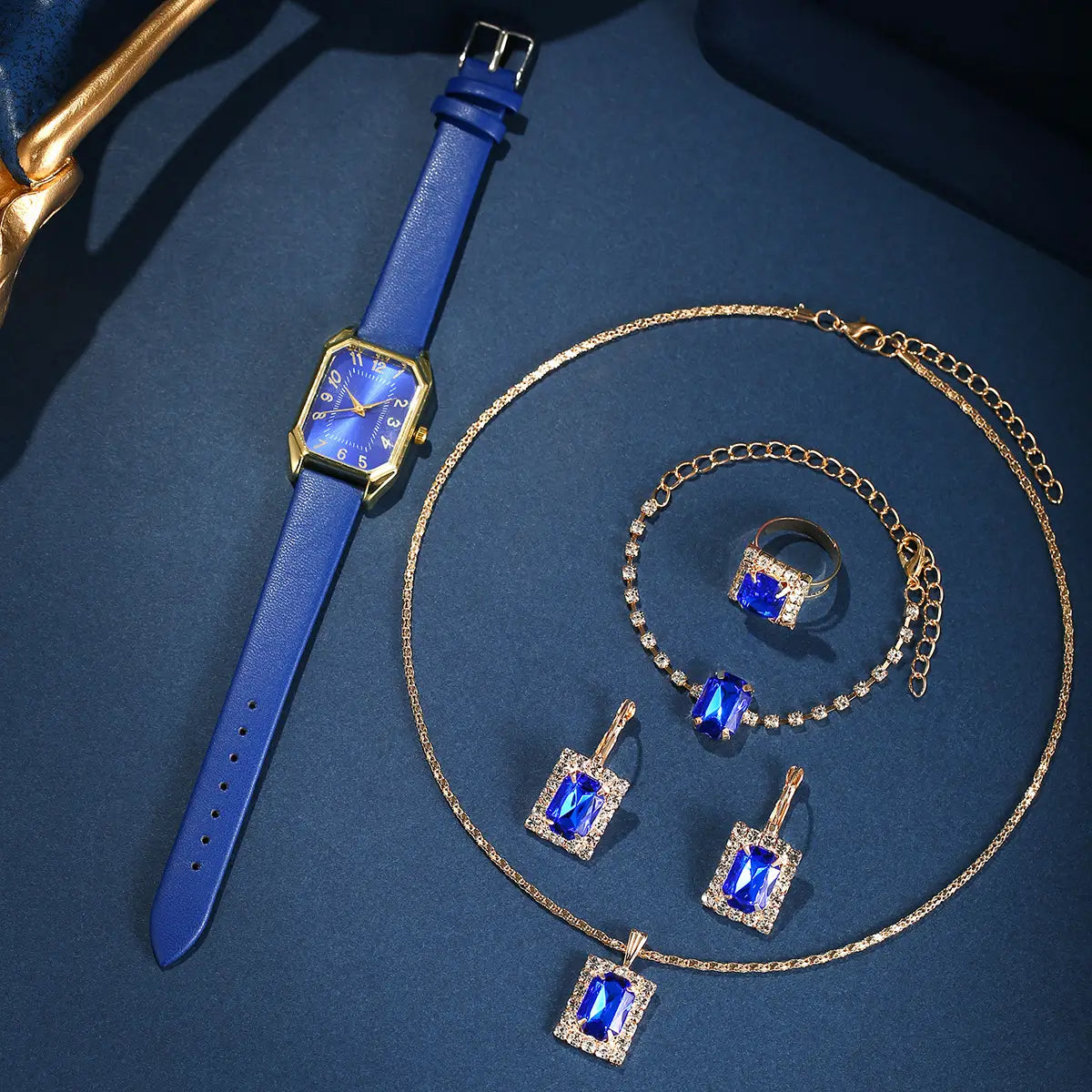 Leather Women’s Watch Square Quartz Watch Korean Necklace Earrings Ring Set