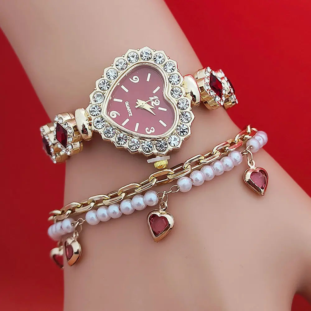 Fashion Love Shape Bracelet Watch Set Diamond Colored Heart Quartz Watch Women’s Fashion Jewelry Set Valentine’s Day