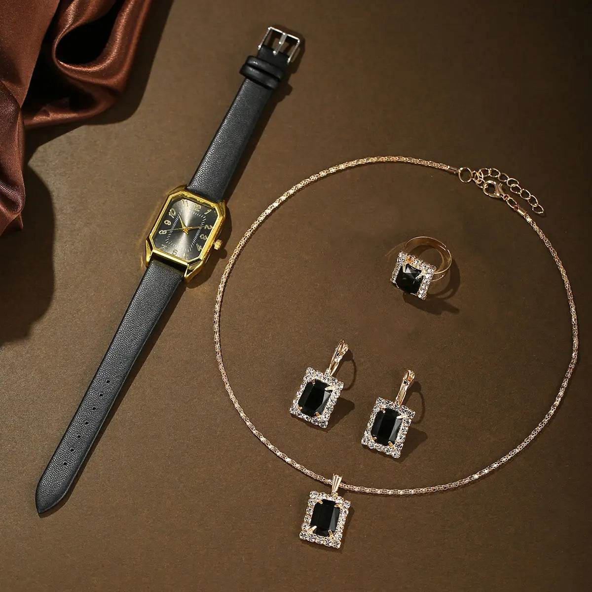 Leather Women’s Watch Square Quartz Watch Korean Necklace Earrings Ring Set