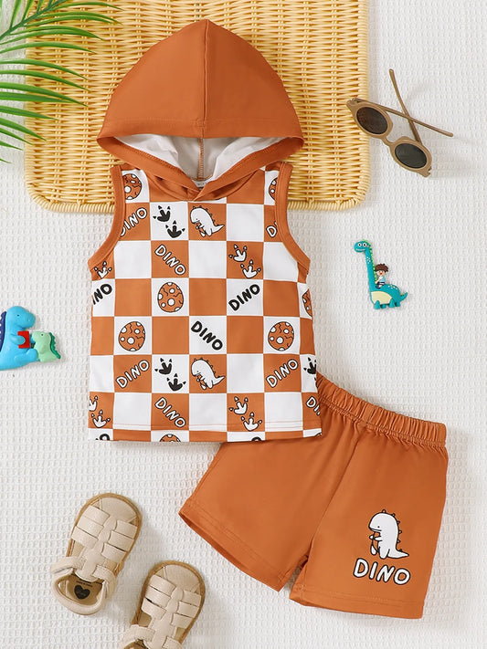 Children's dinosaur checkered sleeveless hooded top and shorts set in orange and white with dinosaur prints