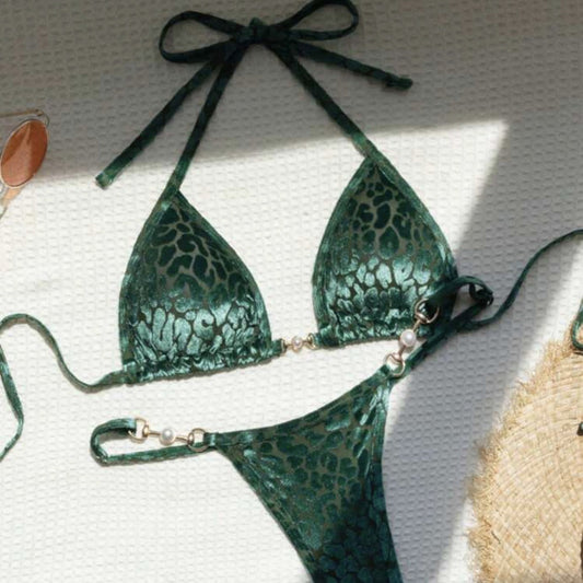 T-shaped Pearl Leopard Swimwear in green leopard print with pearl accents.
