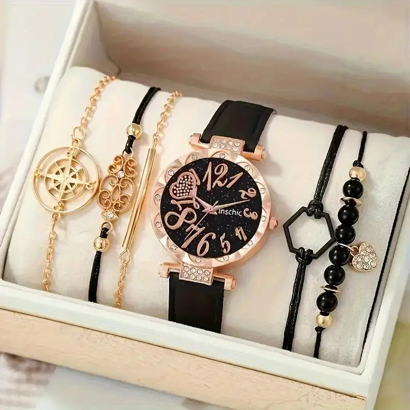 Women’s Diamond Dial Belt Quartz Watch Beaded Bracelet Suit