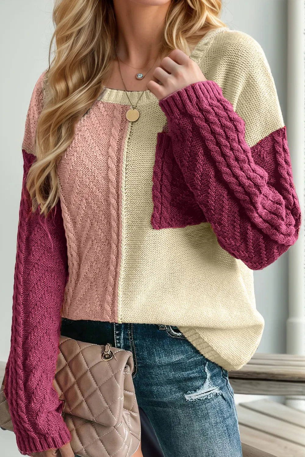 Double Take Full Size color block cable-knit sweater with dropped shoulders and pockets in pink and beige