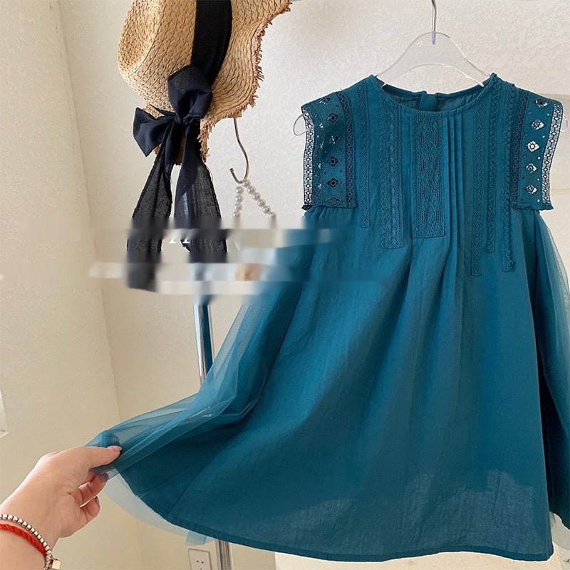 Girls' Summer Green Mesh Stitching Sleeveless Lace Vest Dress