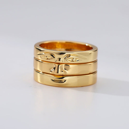 Gold geometric touching face ring, copper, electroplated, European style.