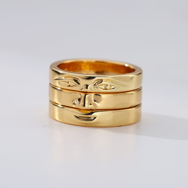 Gold geometric touching face ring, copper, electroplated, European style.