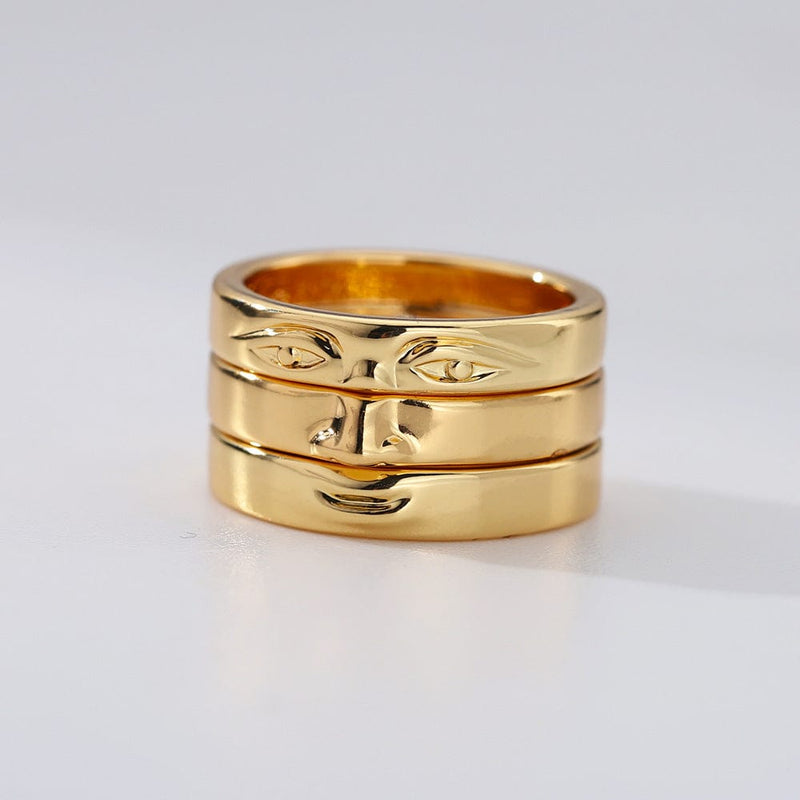 Gold geometric touching face ring, copper, electroplated, European style.