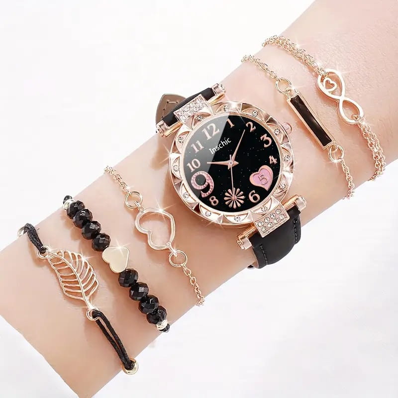 Women’s Diamond Dial Belt Quartz Watch Beaded Bracelet Suit