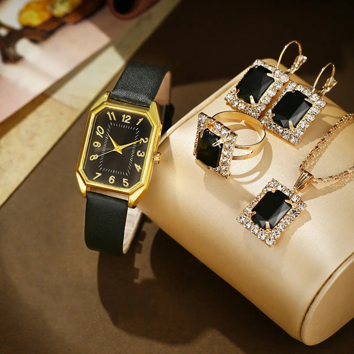 Leather Women’s Watch Square Quartz Watch Korean Necklace Earrings Ring Set