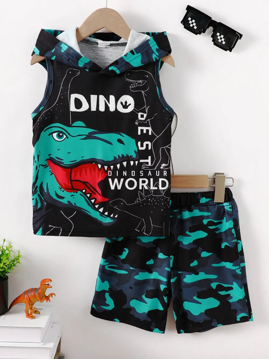Children's dinosaur sleeveless hooded top and camo shorts set for kids