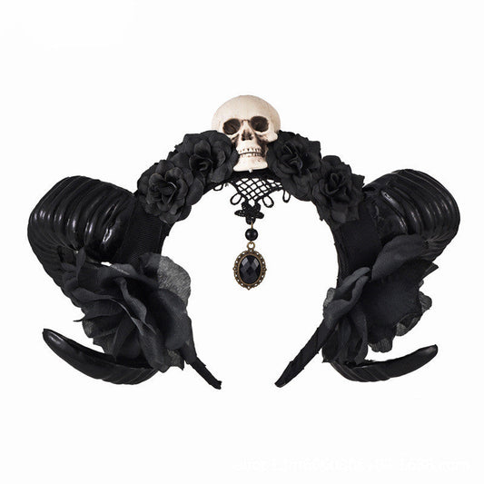 Skeleton head sheep horn headwear with black roses and flowers, handmade plastic hair hoop in sweet cool style.