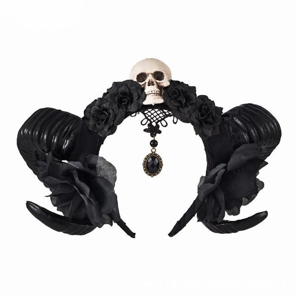 Skeleton head sheep horn headwear with black roses and flowers, handmade plastic hair hoop in sweet cool style.