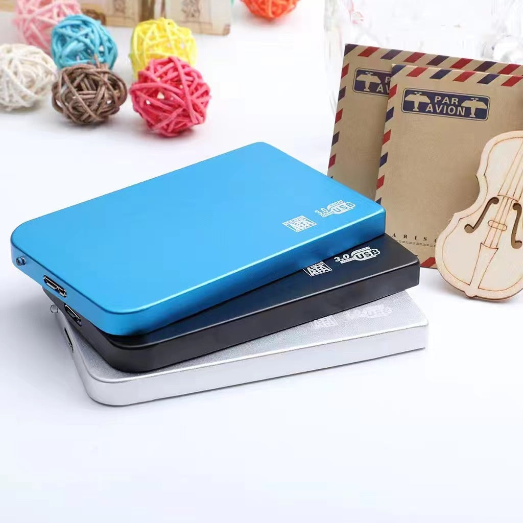 High-speed Transmission USB30 solid state mobile hard disk in various colors including blue, black, and silver, showcasing sleek metal design.