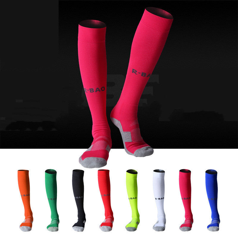 Towel bottom long soccer socks in various colors with ankle support and calf protection.