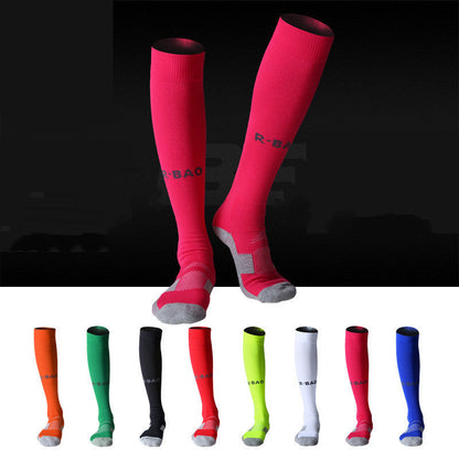 Towel bottom long soccer socks in various colors with ankle support and calf protection.