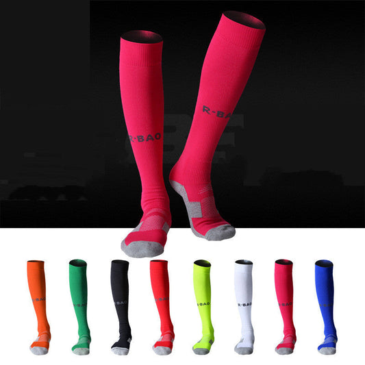 Towel bottom long soccer socks in various colors with ankle support and calf protection.