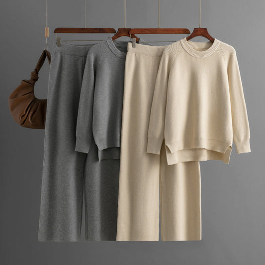 Loose knitted long sleeves two-piece set in beige and gray tones for women.